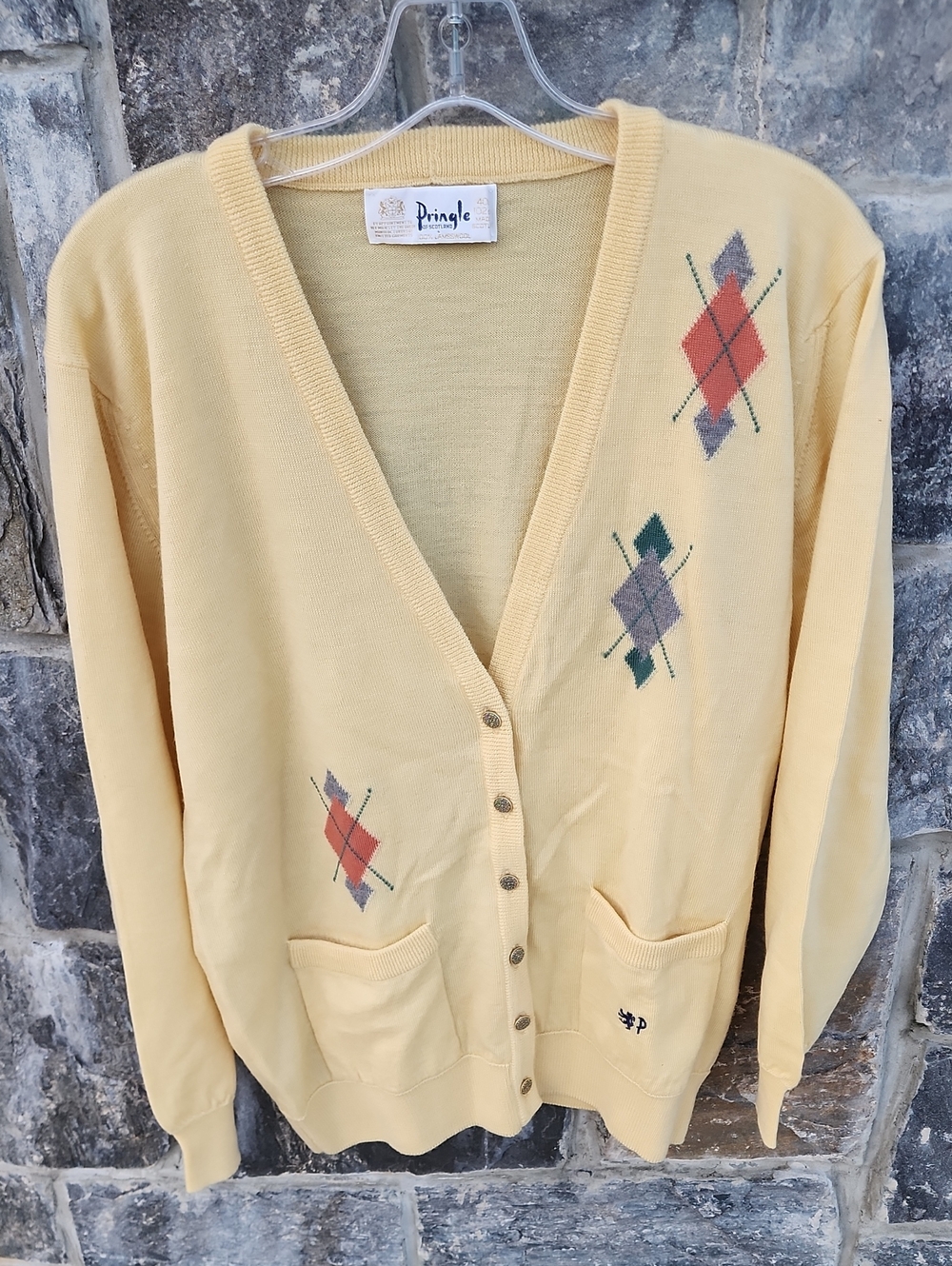 Pringle Lambswool Yellow V-Neck Argyle Button-Front Cardigan Made In Scotland